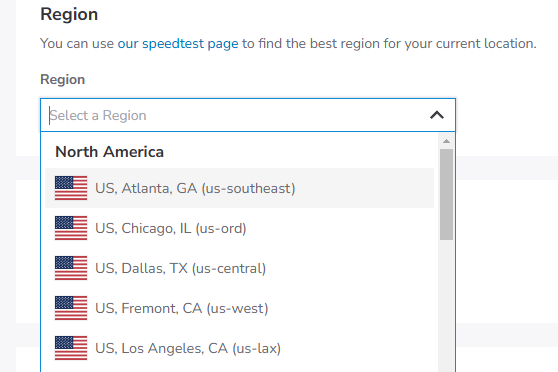 Select region for server