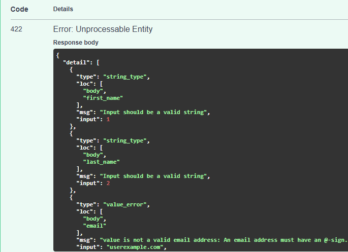 Pydantic  Unprocessable Entity Error Example Swagger