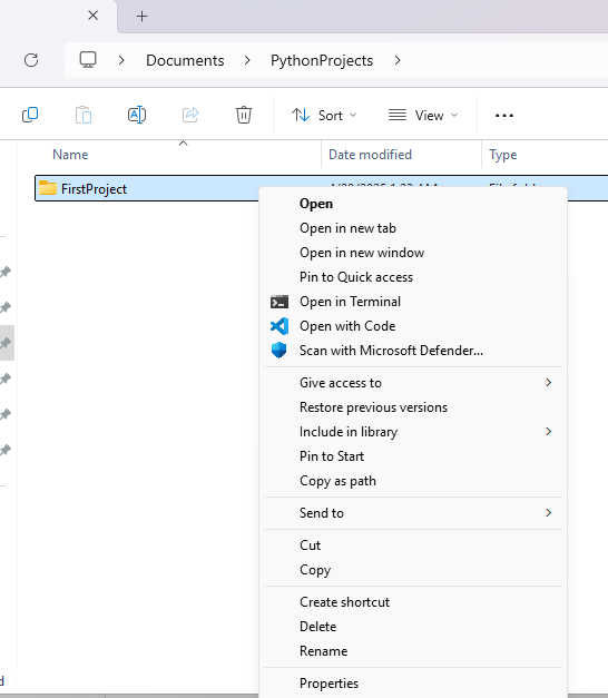 Open A folder with Vs Code, new Python Project