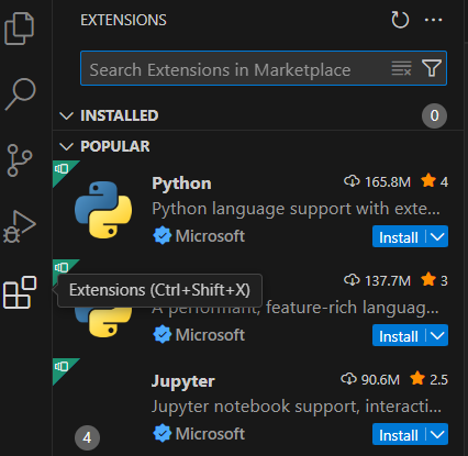 Install Python and Pylance from Extensions Menu