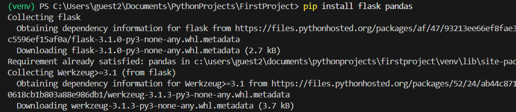 pip install pandas and flask example from Windows Terminal