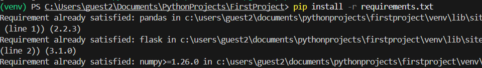 pip install -r requirements.txt terminal command result